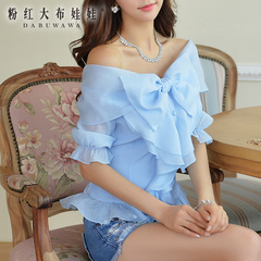 Shirts girls big pink doll summer styles dresses one shoulder bow strapless short sleeve shirts tops summer