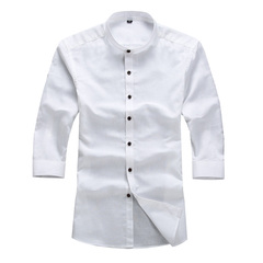 热卖秋季亚麻男士长袖立领衬衫 韩版休闲圆领棉麻衬衣 纯白色