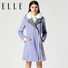 ELLE女装 2016冬季新款狐狸毛领中长款纯色长袖羊毛毛呢大衣外套