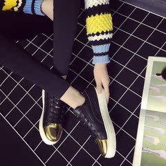 2017新款低帮鞋女鞋韩版低跟PU胶粘鞋布拼色橡胶交叉绑带金属装饰