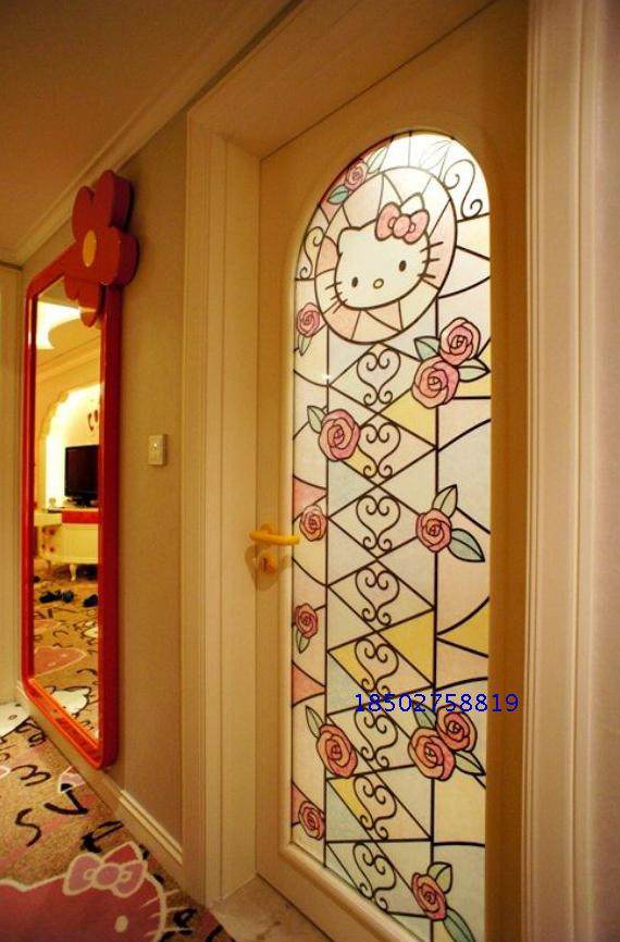 上门定制蒂凡尼钢化彩绘艺术玻璃玄关隔断屏风窗户门 hello kitty