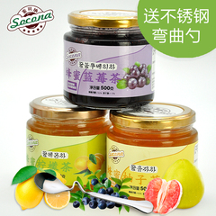 送弯曲勺 Socona蜂蜜蓝莓茶 柠檬茶 柚子茶3瓶装韩国水果酱冲饮品