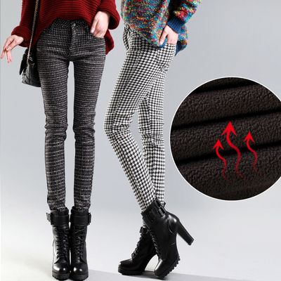 2015秋冬新款加绒加厚黑白格子裤小脚铅笔裤