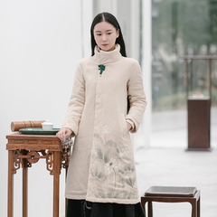 jubonnie中国风原创手绘荷花棉服民族风中长款女装保暖外套DY35