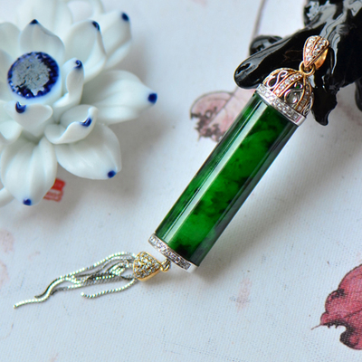 帝缘 天然翡翠a货 18k金镶嵌 冰糯种艳绿花青圆柱 吊坠挂件