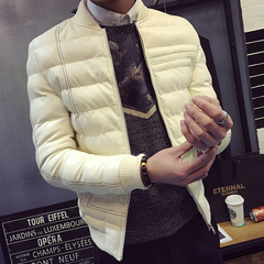 冬季新款拓朴男装白色皮夹克亮面棉服青年修身pu皮棉衣加厚外套潮