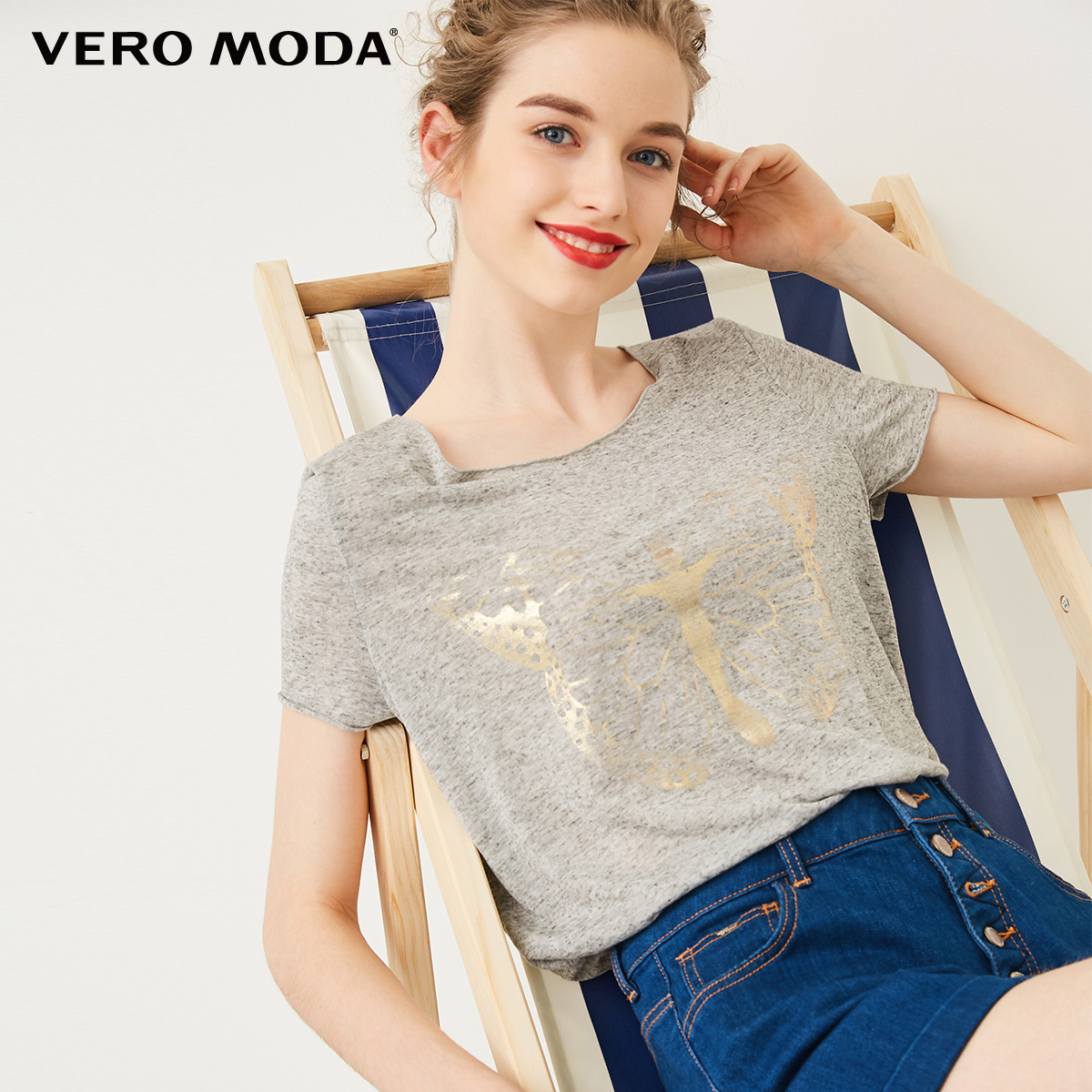 VeroModa2017夏季新款金属印花落肩短袖T恤女|317201609