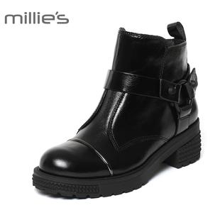 劉亦菲寶格麗活動 活動millies 妙麗2020冬季專櫃同款牛皮圓頭厚底女短靴LXF47DD6 戴寶格麗