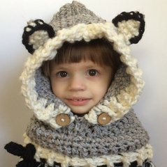 儿童手工钩织帽子,100%棉灰色熊连帽围巾组合,卡通熊帽衫斗篷帽
