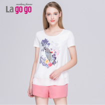 Lagogo/拉谷谷2015夏季印花镶钻直筒宽松层叠T恤上衣EBA615J446