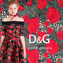 意大利 Dolce&Gabbana杜嘉班纳重工刺绣玫瑰花连衣裙蕾丝布料面料