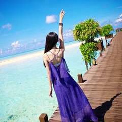 海边度假沙滩裙雪纺连衣裙夏波西米亚紫色长裙沙滩裙显瘦露肩女仙