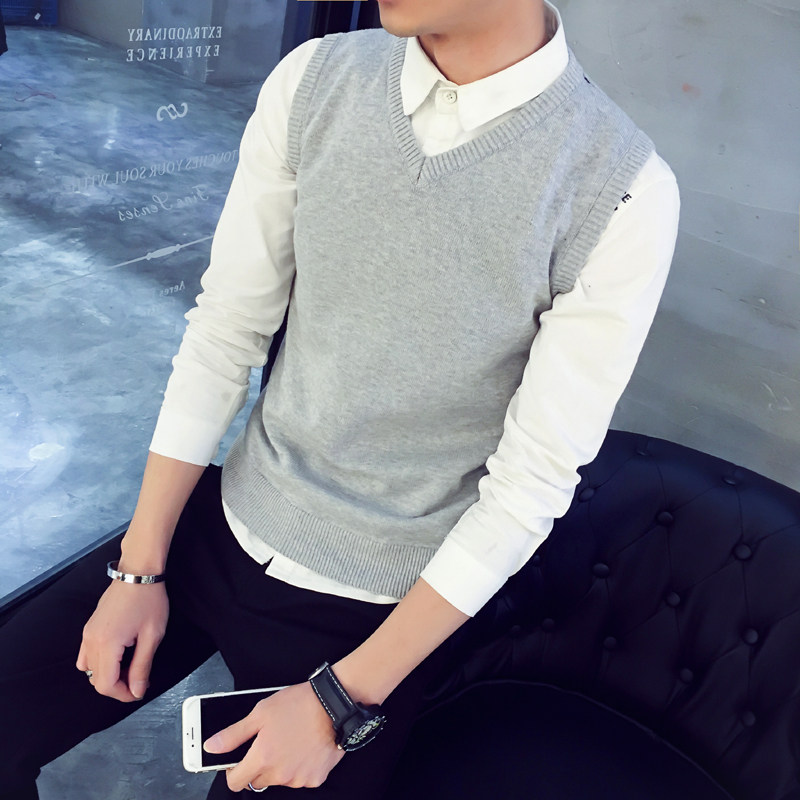 純棉 秋鼕季男士毛衣加絨針織衫背心馬甲V領線衣純色坎肩上衣服潮