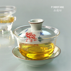 品德坊  耐热玻璃盖碗陶瓷手绘三才碗功夫茶具加厚敬茶杯道泡茶器