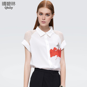 BI Linda new, fine white shirt girl spring/summer 2015 lapel wave gauze printed short sleeve chiffon shirt