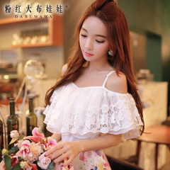 Female t shirt pink large doll summer 2015 new t-lace flounces Bare shoulders two t-shirt tops