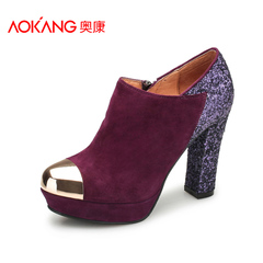 Aokang shoes fall/winter sequins new sheep Beijing women's shoes high heel suede waterproof zipper ankle shoes