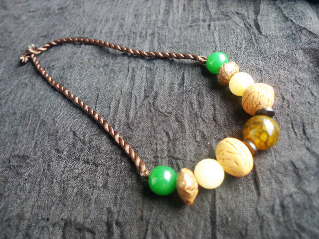 天然大黄黄龙玛瑙椰片结绳蜡绳手工编织项链项链