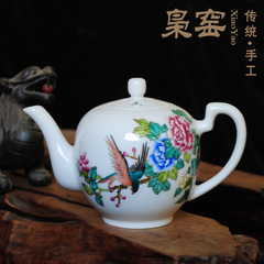 枭窑 景德镇粉彩瓷器手绘茶具功夫茶壶 纯手工陶瓷单壶花鸟茶具