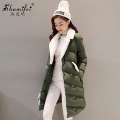 2016冬季新款韩版显瘦中长款百搭加厚保暖气质简约羊羔毛翻领棉服