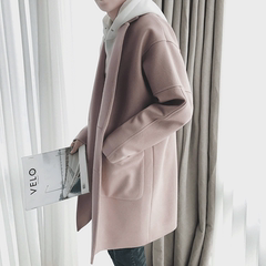 冬季韩国青年中长款毛呢大衣男英伦风衣时尚粉色加棉加厚外套男潮