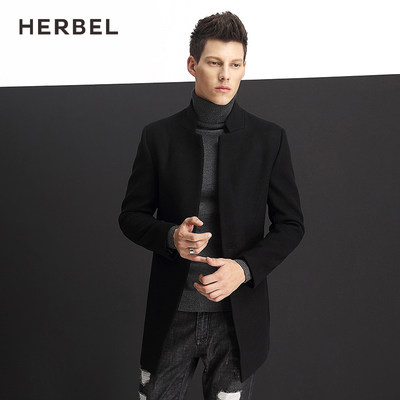 herbel黑白男装冬季新品时尚英伦男士修身中长款毛呢大衣3l671007