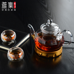 雅集花茶壶保温套装恒温保温底座耐热玻璃茶壶茶杯茶具套装