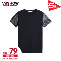 Viishow2015 new short sleeve summer t-shirt British fashion spliced spell skin t-shirt black cotton short sleeve t