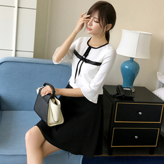 2017春装新款韩版显瘦黑白拼接荷叶袖收腰a字裙女假两件套连衣裙
