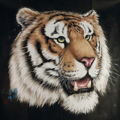 高伟 著名工笔虎名家《虎头》纸本水墨