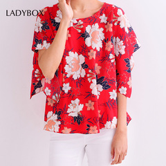 ladybox2015夏装新款欧美大红牡丹印花宽松蝙蝠后开叉雪纺衫女