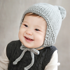 婴儿帽子6-12个月波米麻麻韩国宝宝帽子秋冬儿童毛线帽子防寒帽子