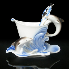 特价创意礼品陶瓷珐琅瓷咖啡杯海豚杯碟套装骨瓷水杯子皇家骨质瓷