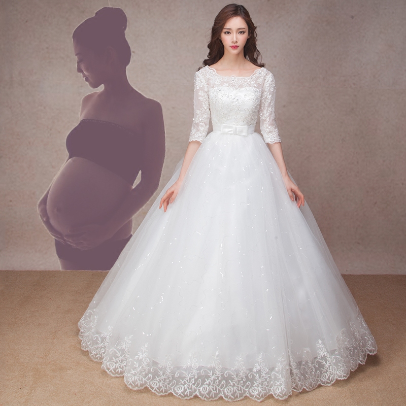 孕妇高腰婚纱2021新款新娘结婚韩版胖mm大码显瘦长袖韩式齐地女冬