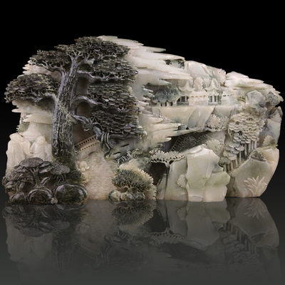 中国四大名玉 独山玉迎客松意境山水摆件 9180.00g