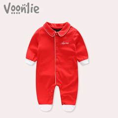 Voonlie童装秋装新品男宝宝连体衣婴儿红色满月百天礼服外出爬服