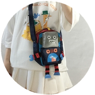 普拉達機器人大斜挎包 黑貓傢 韓國大兒童機器人趣味卡通包迷你帆佈斜挎包單肩手機包 挎包