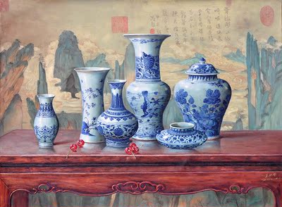 著名红色油画家王北南《青花瓷系列之一》