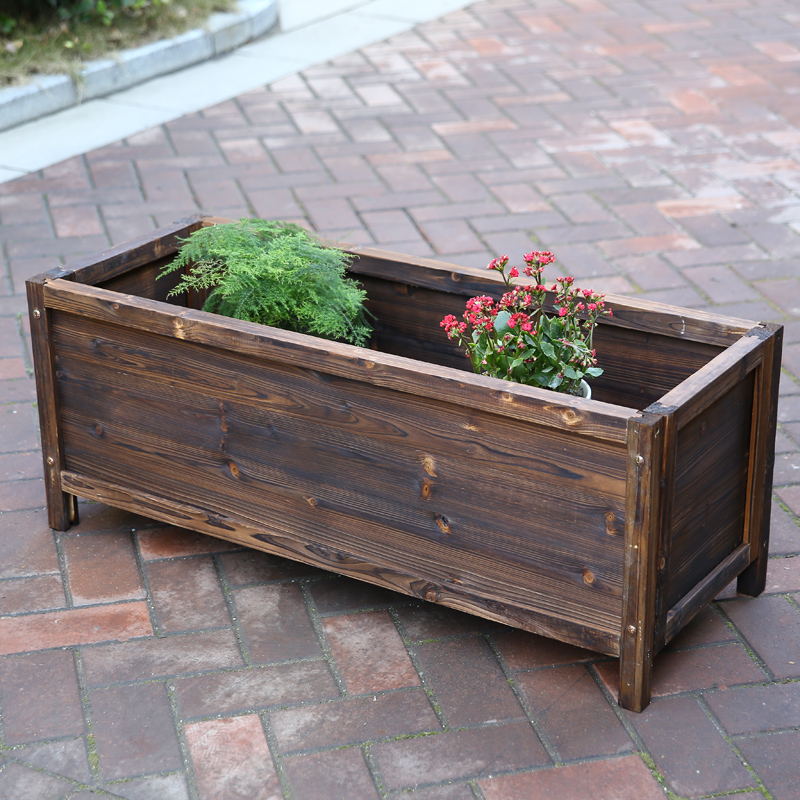 炭化木防腐木长方形木花盆长方盆草花桶户外园艺花槽花箱
