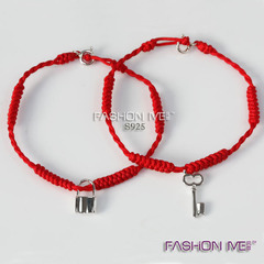 情侣红绳编织手链对链925纯银手链纯银钥匙和锁吊坠饰品单圈记念