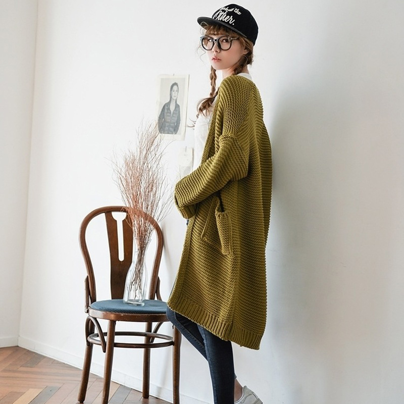 毛衣女秋新款宽松粗棒针织开衫原创文艺复古外套女中长款针织衫潮