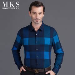 Mksrosenberry男士长袖衬衫羊毛格子商务男装秋季加厚长袖衬衣