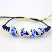 Handmade blue and white porcelain China hand Kung Fu bear beaded woven bracelet women vintage ethnic new year gift