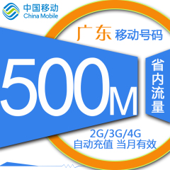 广东移动手机流量充值 500M 加油包 叠加包 省内通用 当月有效