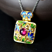 Very Thai s925 silver gilt enamel gemstone pendant vintage pendant red corundum female plated gold and silver jewelry