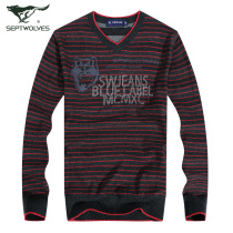 七匹狼毛衣 秋装特价 V领纯棉修身男士条纹针织衫 2604