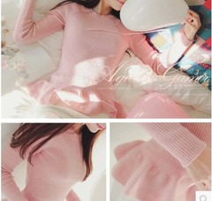 韩国代购东大门粉色毛衣裙摆甜美日系套头荷叶边针织衫打底衫上衣