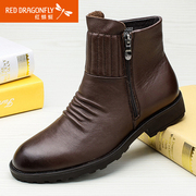 Red Dragonfly leather short boots winter new authentic Korean leisure zipper short barrel wear men's shoes boots