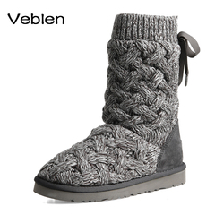 冬季毛线雪地靴羊皮毛一体平底防滑女靴子保暖加厚绒里羊毛中筒靴