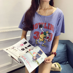 TJ003西朵家青春常在 夏韩版趣味保龄球字母印花短袖破洞中长T恤